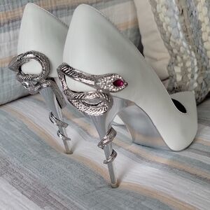 White Stiletto Heels with Silver Snake Detail
